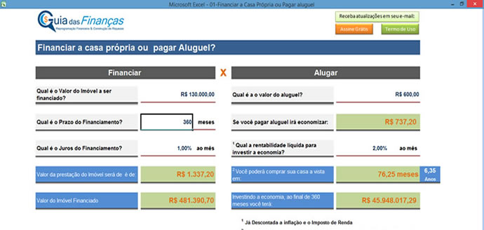 PLANILHA – SIMULADOR: COMPRAR OU ALUGAR